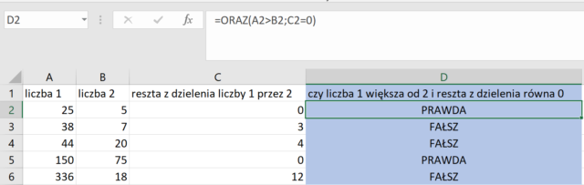 Funkcja ORAZ i LUB Excel