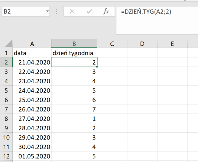 Funkcja DZIEŃ.TYG Excel