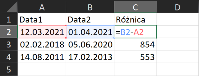 odejmowanie dat excel